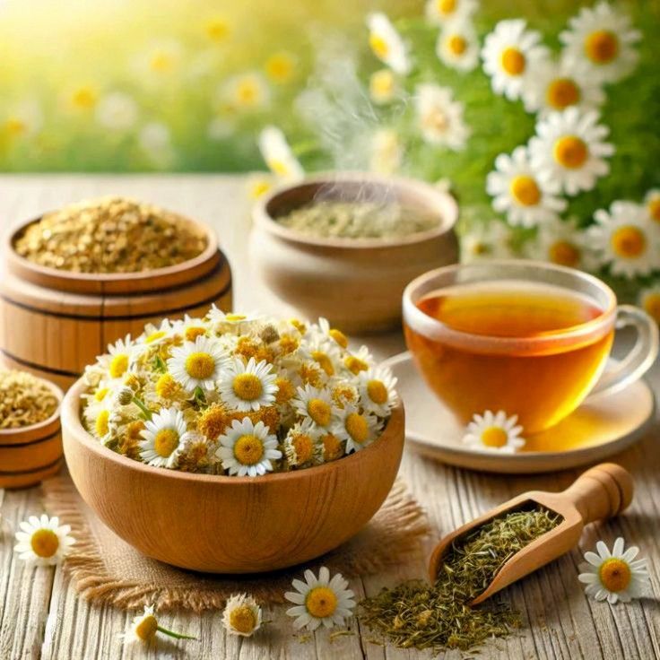 A ceramic cup of amber herbal tea beside dried chamomile and mint leaves on a wooden surface